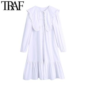 TRAF femmes doux mode boutonné à volants robe mi-longue Vintage col claudine à manches longues femmes robes Vestidos 210415