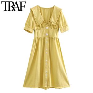 TRAF mujeres dulce moda botón-up volantes Midi vestido Vintage Peter pan cuello manga corta Vestidos femeninos Vestidos 210415