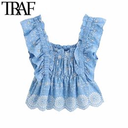 TRAF mujeres dulce moda Cutwork bordado recortado Blusas Vintage espalda elástica con volantes camisas femeninas Blusas Chic Tops 210415