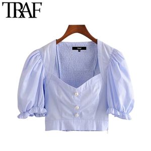 Traf dames zoete mode faux parelknoppen bijgesneden blouses vintage puff pieier mouw rug elastische vrouwelijke shirts chic tops 210415