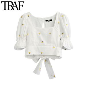 TRAF Mujeres Dulce Moda Floral Bordado Blusas Recortadas Vintage Tirar Manga Atrás Pajarita Camisas Femeninas Tops Chic 210415