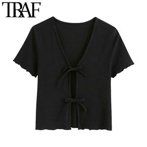 TRAF Women Sweet Fashion Lace-Up geribbeld bijgesneden blouses vintage V nek korte mouw vrouwelijke shirts blusas chic tops 210415