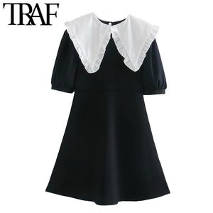 TRAF femmes doux mode Patchwork tricoté Mini robe Vintage col claudine à manches courtes femmes robes Vestidos 210415