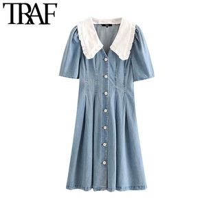 TRAF Women Sweet Fashion Patchwork Geplooid Denim Jurk Vintage Revers Collar Puff Sleeve Vrouwelijke Jurken Vestidos Mujer 210415