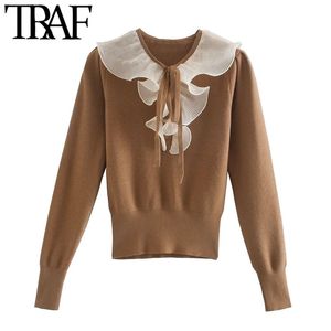 TRAF Femmes Sweet Fashion Patchwork Pull tricoté à volants Vintage Tie O Cou à manches longues Femme Pulls Chic Tops 210415