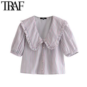 TRAF femmes doux mode col claudine rayé Blouses Vintage manches bouffantes bouton-up femmes chemises Blusas Chic hauts 210415