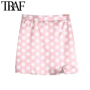 Traf Femmes Sweet Fashion Polka Dot Imprimer Mini Jupe Vintage Taille Haute Taille Fermeture À Glissière Femelle Jupes Mujer 210415