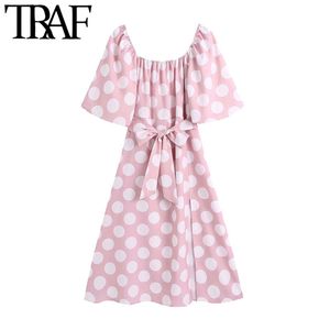 TRAF femmes doux mode à pois imprimé robe mi-longue Vintage à manches courtes avant fente femmes robes Vestidos Mujer 210415