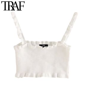 TRAF Femmes Sweet Fashion Ruffle Trims Cropped Blouses tricotées Vintage Sangles sans dos Chemises féminines Chic Tops 210415