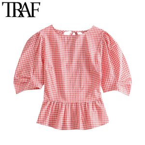 TRAF Femmes Sweet Fashion Volants Blouses à carreaux Vintage Dos nu Lacets Side Zipper Femme Chemises Blusas Chic Tops 210415