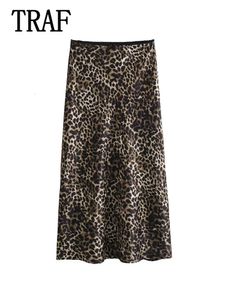 Traf Women Vintage Chic Leopard Jirt 2024 Fashion Spring Summer Holiday Femme Jupe Femmes Zipe à fermeture éclair Long Skirt 240407