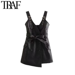 TRAF Dames Vintage Chic Met Riem Faux Lederen Onregelmatige Mini Jurk Mode Back Rits Verstelbare Strap PU Jurken Sexy Vestido 210415