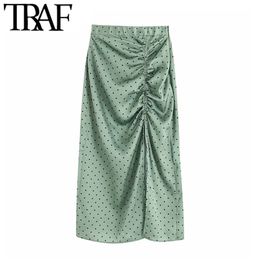 TRAF femmes Vintage élégant à pois plissé jupe Midi mode taille élastique côté fermeture éclair fente femme jupes Chic Faldas Mujer 220812