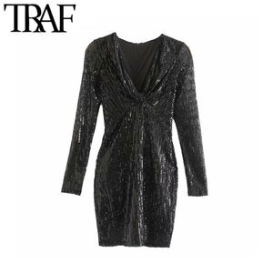 TRAF femmes Vintage Sexy paillettes Shinny gaine Mini robe mode col en V à manches longues dos fermeture éclair robes de soirée Vestidos Mujer 210415