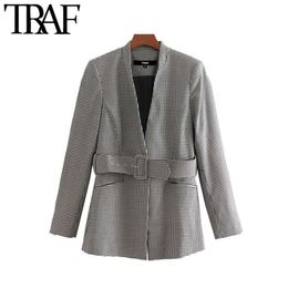 TRAF Femmes Vintage Élégant Bureau Porter Poule Avec Ceinture Blazer Manteau Mode Col En V À Manches Longues Plaid Survêtement Chic Tops 201023