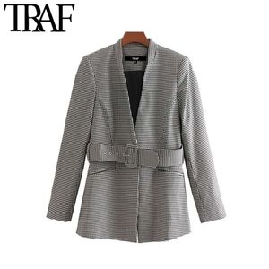 Traf dames vintage stijlvolle kantoorkleding houndstooth met riem blazer jas mode v nek lange mouwen geruite bovenkleding chic tops lj201021