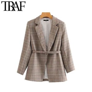 TRAF Dames Vintage Stijlvolle Office Wear Plaid Blazer Coat Mode Lange Mouw met Riem Vrouwelijke Bovenkleding Chic Tops 211122