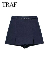 Culottes de moda para mujer TRAT Color sólido Cinturón de cintura alta decora cremallera de calles femeninos Pantalones cortos delgados 240407