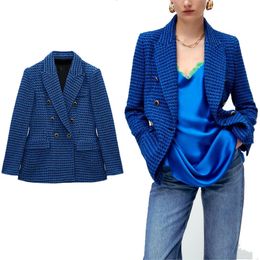 Traf Womens Fashion Tweed Check Blazer Autumn en Winter Vlead Long Sleeve Button Pocket Blue Casual Office Suit 240507