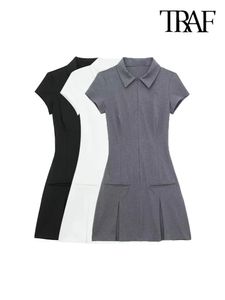 Traf-womens Front Zipper plissée mini-robe chemise Collier à manches courtes robes féminines mode 240417