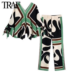 TRAF ZA Plus Size V-hals Overhemd met Strikprint Chic Dames Tops Mujer Zijde Satijn Zijzak Hoge Taille Rechte Broek 2-delige set 220621