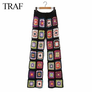 TRAF ZA Femme Vêtements Pantalons Pantalons à la main Crochet Sexy Creux Noir Square Motif 4 Saison Femmes Spécial Femme 211115