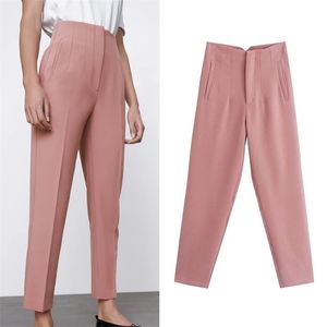 TRAF Za Femme Pantalon blanc Pantalon d'été pour femme Beige Taille haute Rose Pantalon de bureau Mode Boutonné Pantalon noir 211115