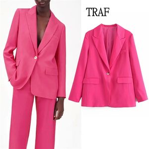 TRAF Za Femmes Blazer Mode Bureau Dames Vestes Manteau Femme Rose Rouge À Manches Longues Lâche Bouton Unique Filles Chic 211006