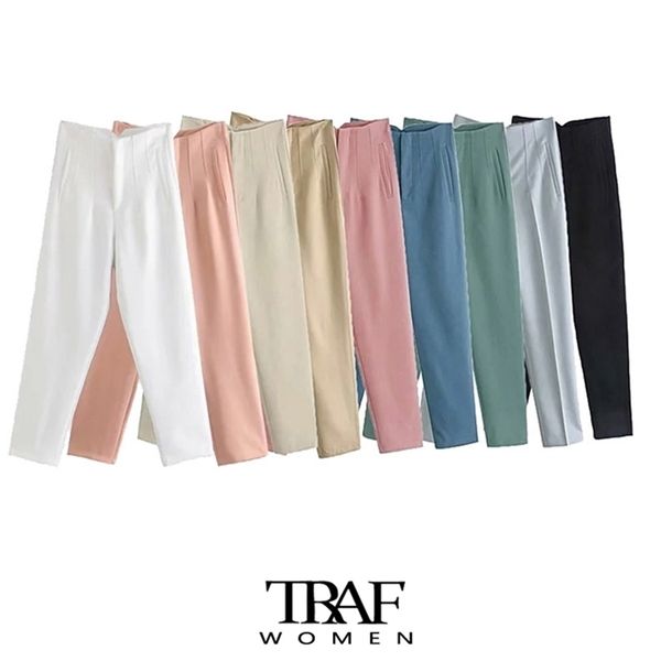 TRAF ZA Mujeres Fashion Chic With Sean Detalle Office Wear Pants Vintage High Wisting Fly Fly Female Tobles Mujer 210915