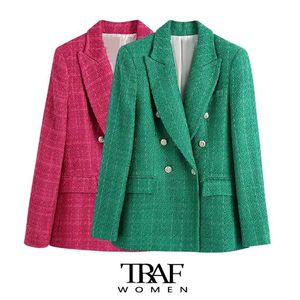 TRAF Za Women Fashion Double Breasted Tweed Green Blazer Coat Vintage Long Sleeve Flap Pockets Female Outerwear Chic Veste 211122