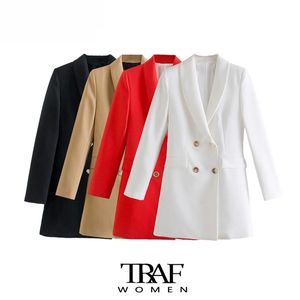TRAF Za Women Fashion Office Wear Blazer doppiopetto Cappotto Vintage Tasche con patta a maniche lunghe Capispalla femminile Chic Veste 211019