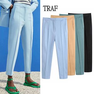 TRAF Za femmes pantalon 2021 été taille haute pantalon noir bleu pantalon décontracté femme mode bureau élégant femme pantalon Mujer Q0801