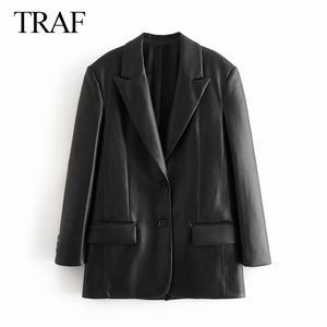 TRAF ZA Damesmode PU Faux Lederen Losse Blazer Jas Vintage Zakken Lange Mouwen Terug Ventilanden Vrouwelijke Bovenkleding Chic Tops 211007