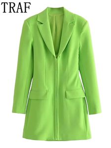 TRAF Zar Blazer Verde Vestido Mujer Entallado Corto Elegante es Para Mujer Manga Larga Oficina Mini Formal es 220721