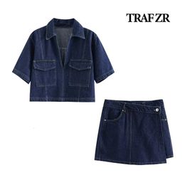 TRAF ZR DEMIN 2 PIEZAS Sets cortos de vacaciones para mujeres Summer 2024 Y2K Vintage Superios de primavera para mujeres Socicador de rastreo 240420