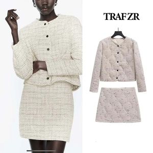 TRAF ZR costume femme avec une jupe mode luxe Chic et élégant femme blanc Tweed deux pièces ensemble hiver 240108