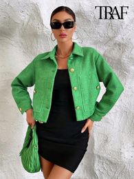 TRAFFWomens Tweed-Jacke mit Taschen, langärmeliger Mantel mit Vorderknopf, weibliche Oberbekleidung, schicke Tops, modisch, 240118