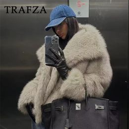 TRAFZA 2024 automne hiver femmes décontracté fausse fourrure vestes mode Streetwear solide surdimensionné col rabattu élégant épais manteaux 240202