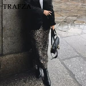 Trafza 2024 Autumn Winter Women Vintage Satin Leopard Skirts Fashion Casual Elegant Chic Straight Midi 240411