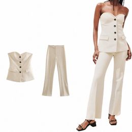 Trafza 2024 Lente Vrouwen Vintage Solid Suits Single Breasted Strapl Slanke Vesten + Rits Lg Vent Broek Fi Vrouwen pak p9Um #
