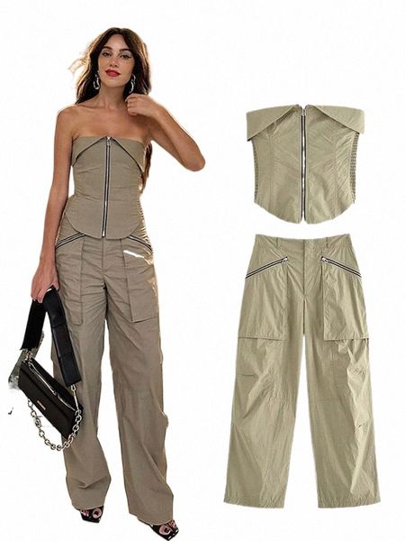 Trafza 2024 Summer Fi Cargo Set Zipper Strapl Skinny Tube Top Fi Zipper Pocket Pantalon de survêtement pour femme Ensemble de 2 W5ML #
