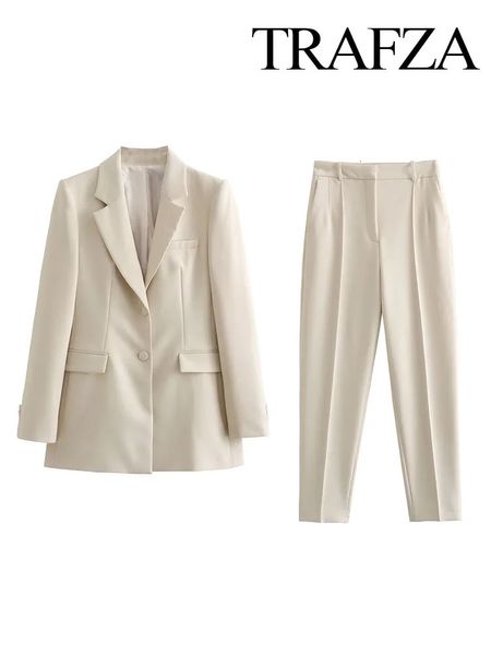 TRAFZA automne mode femme élégant bureau dame pantalon ensemble femmes simple boutonnage blazers manteau décontracté taille haute pantalon costume 231220