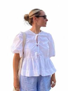 trafza Fi Solid Hollow Out Shirt Vrouwen Causale O Hals Korte Mouwen Lace Up Tops Chic Vrouwelijke Casual Blouse streetwear 2024 n7E8 #