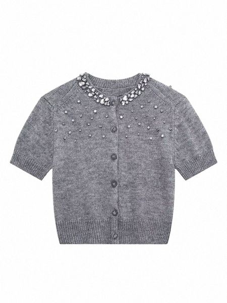 Trafza Primavera 2024 Cárdigan de punto corto para mujer Suéter ajustado gris Abrigo Joyería elegante Cuello redondo Top a tope para mujer Y2K c5RO #