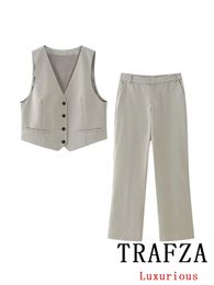 TRAFZA Vintage Office Lady Mujeres sólidas Vneck Chalecería de pecho individual Pantalones heterosexuales Fashion Spring Casual Sets 240329