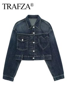 Trafza Femmes Bleu Bleu Denim Coat Coeur Motion de coeur Extérieur à manches longues Single Breasted Veste printemps Femme Chic Top Coats 240428