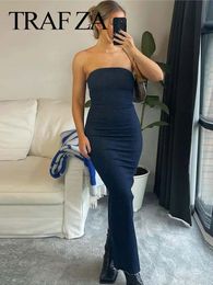 TRAFZA Vrouwen Elegante Denim Jurk Strapless Terug Rits Spleet Jurken Zomer Vrouwelijke Off Schouder Backless Lange 240219