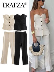 Trafza Women Elegant Solid Pant Suit voorste knop Strapless sexy tanktops zijsplaraat broek vrouwelijk vrouwelijke mode streetwear sets 240410