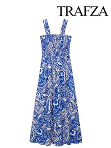 Trafza Women Fashion Blue and White Print Vintage Ruched Slip Dress Loose Casual Slim Backless Sling Mid Length Jurk Vrouw 240328