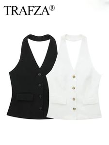 Trafza Women Fashion Halter V Neck Vesten Vintage Solid Solid Front Button Mouwloze Waistcoat Zomer Casual vrouwelijk Chic Vest Tops 240522